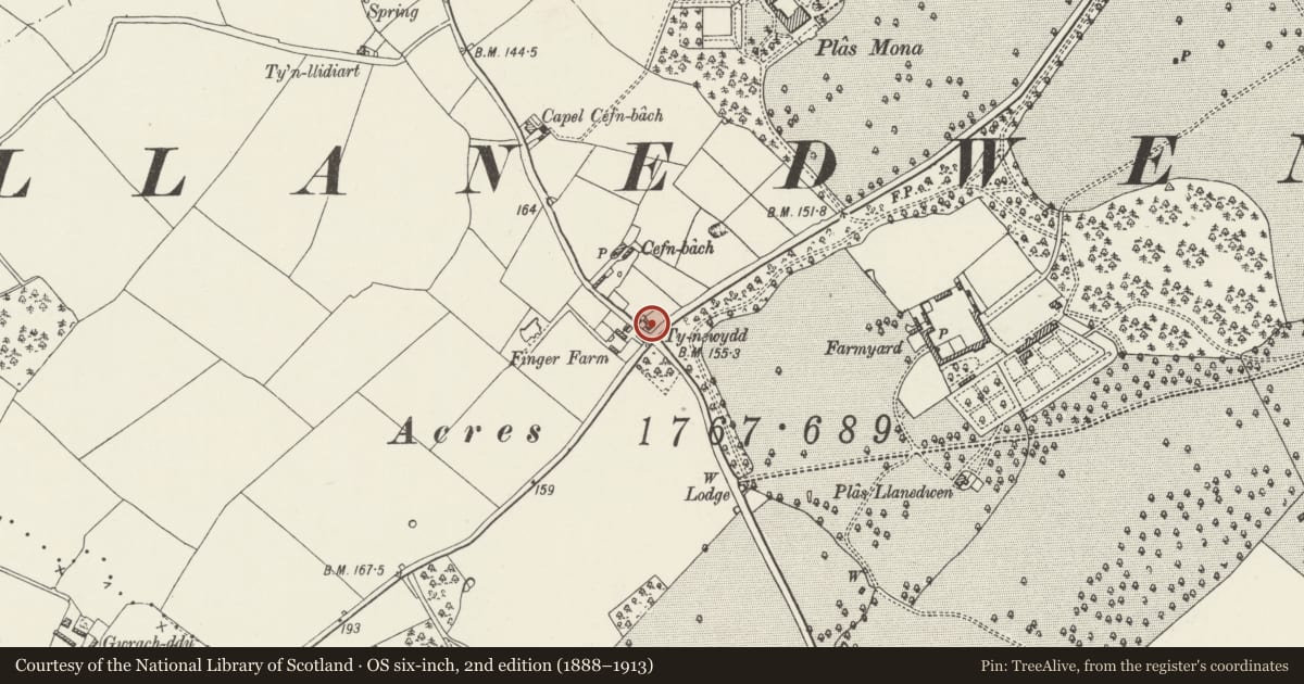Ordnance Survey six-inch map, 2nd edition (1888–1913) covering the location of Ty Newydd, Llanddaniel Fab, Isle of Anglesey, with a pin at the register's coordinates