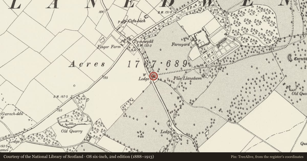 Ordnance Survey six-inch map, 2nd edition (1888–1913) covering the location of Farm Lodge, Llanddaniel Fab, Isle of Anglesey, with a pin at the register's coordinates