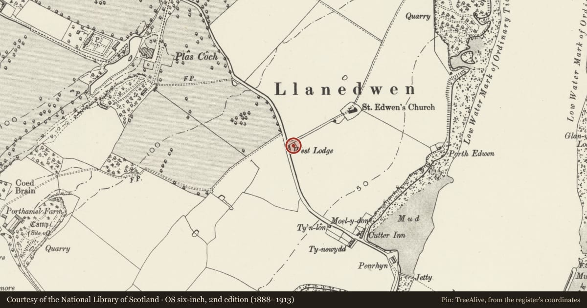 Ordnance Survey six-inch map, 2nd edition (1888–1913) covering the location of Church Lodge, Llanddaniel Fab, Isle of Anglesey, with a pin at the register's coordinates