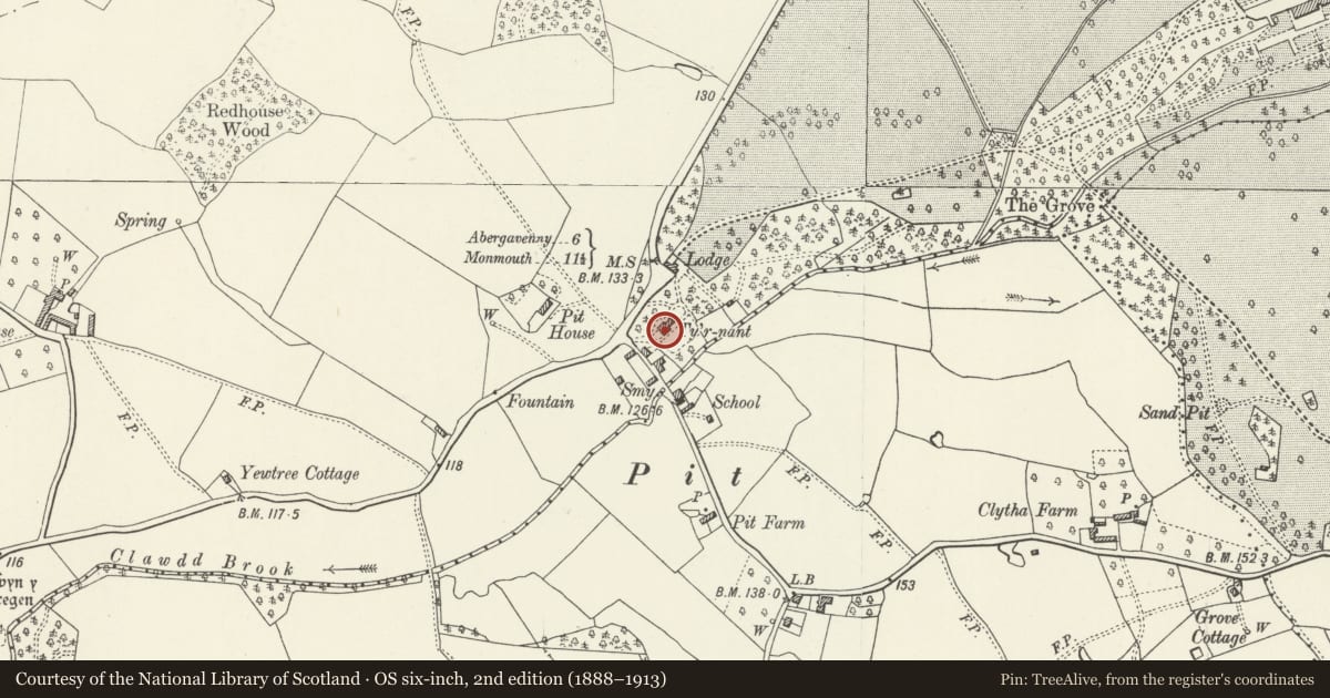 Ordnance Survey six-inch map, 2nd edition (1888–1913) covering the location of Ty'r Nant, Llanarth, Monmouthshire, with a pin at the register's coordinates