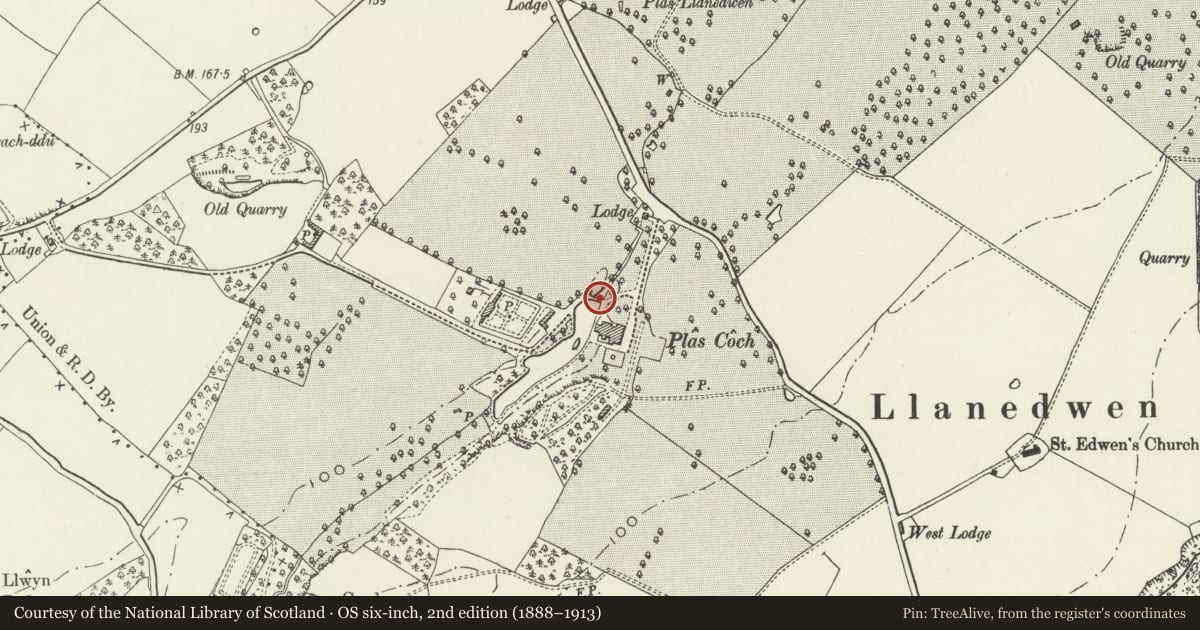 Ordnance Survey six-inch map, 2nd edition (1888–1913) covering the location of Bridge at Plas Coch, Llanddaniel Fab, Isle of Anglesey, with a pin at the register's coordinates