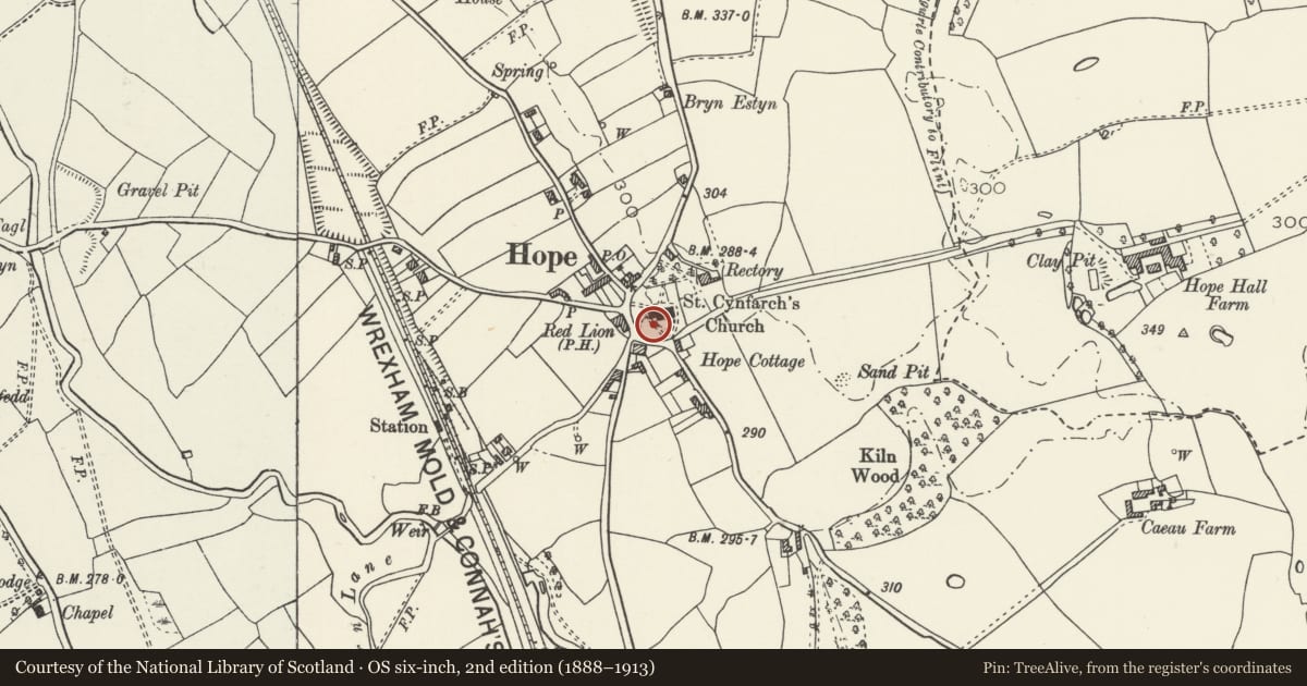 Ordnance Survey six-inch map, 2nd edition (1888–1913) covering the location of Sundial Base at St Cyngar's Church, Hope, Flintshire, with a pin at the register's coordinates