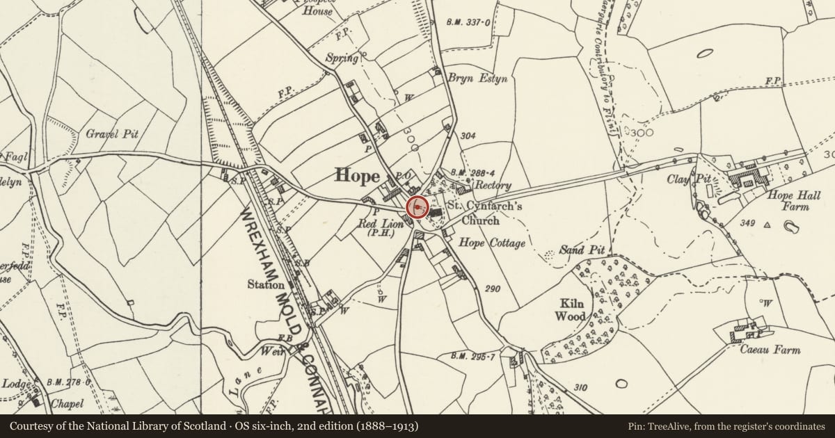 Ordnance Survey six-inch map, 2nd edition (1888–1913) covering the location of Steps, Gates and Gatepiers to W of St Cyngar's Church, Hope, Flintshire, with a pin at the register's coordinates