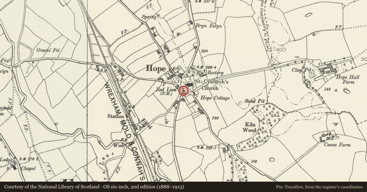 Ordnance Survey six-inch map, 2nd edition (1888–1913) covering the location of Parapetted Steps and Churchyard Walls to SW of St Cyngar's Church, Hope, Flintshire, with a pin at the register's coordinates