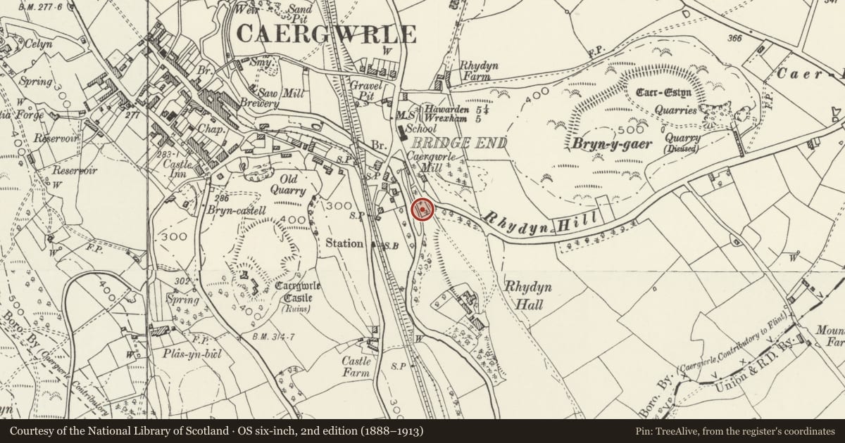 Ordnance Survey six-inch map, 2nd edition (1888–1913) covering the location of Castellated Gateway and Walls at Rhydyn Hall, Hope, Flintshire, with a pin at the register's coordinates