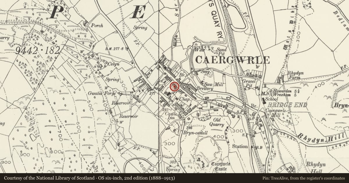 Ordnance Survey six-inch map, 2nd edition (1888–1913) covering the location of Lilac Cottage, Hope, Flintshire, with a pin at the register's coordinates