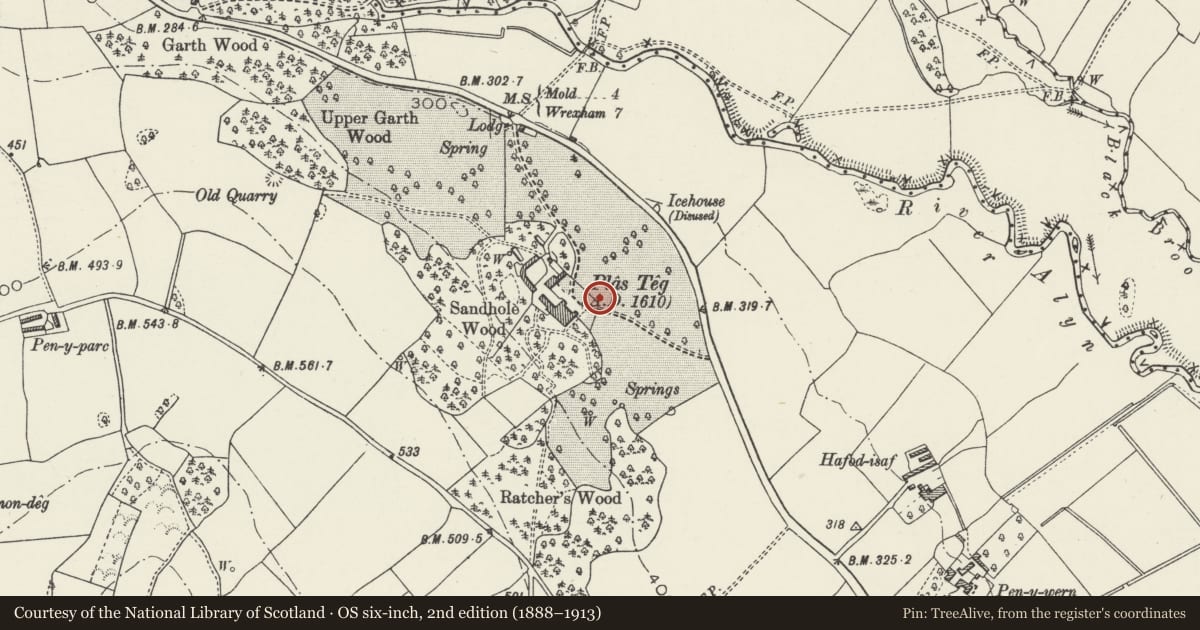 Ordnance Survey six-inch map, 2nd edition (1888–1913) covering the location of Gazebo at Plas Teg, Hope, Flintshire, with a pin at the register's coordinates
