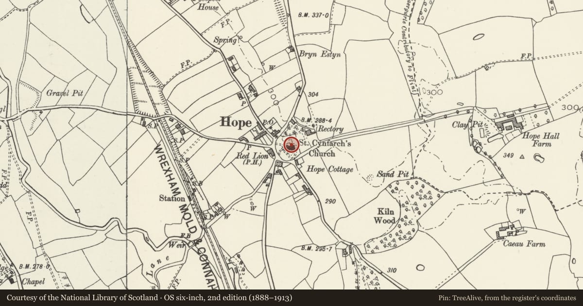 Ordnance Survey six-inch map, 2nd edition (1888–1913) covering the location of Group of Three Vault Structures immediately N of St Cyngar's Church, Hope, Flintshire, with a pin at the register's coordinates