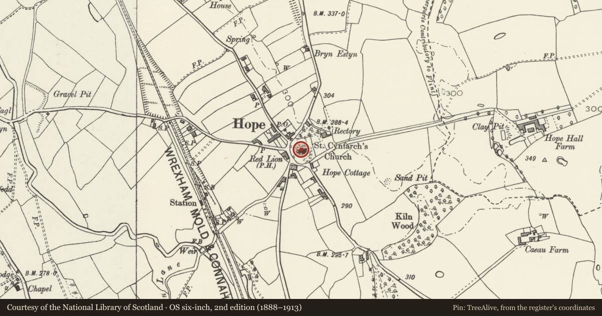 Ordnance Survey six-inch map, 2nd edition (1888–1913) covering the location of Railed Vault Structure immediately N of the Tower at St Cyngar's Church, Hope, Flintshire, with a pin at the register's coordinates