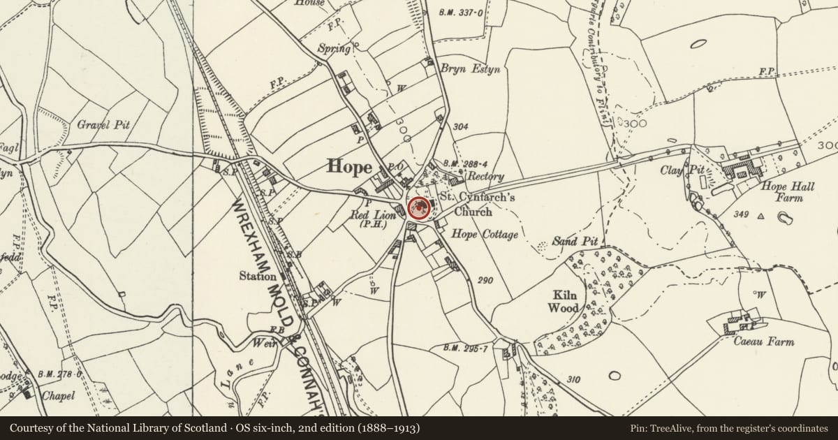 Ordnance Survey six-inch map, 2nd edition (1888–1913) covering the location of Railed and Raised Tomb immediately W of St Cyngar's Church, Hope, Flintshire, with a pin at the register's coordinates