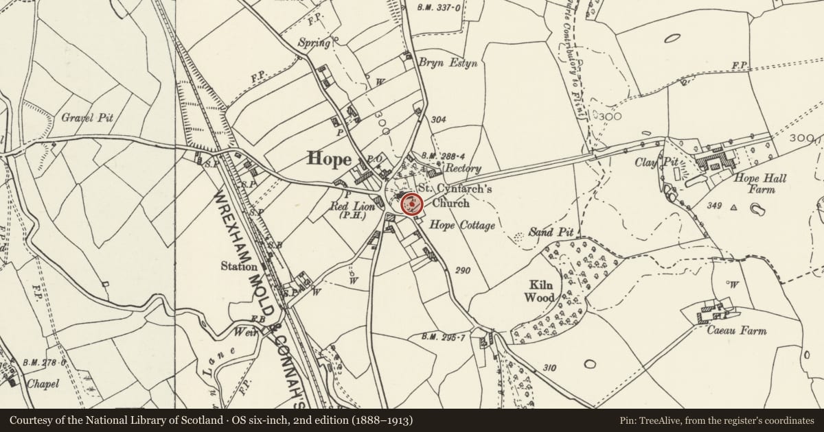 Ordnance Survey six-inch map, 2nd edition (1888–1913) covering the location of Pair of Railed Tombs to S of St Cyngar's Church, Hope, Flintshire, with a pin at the register's coordinates