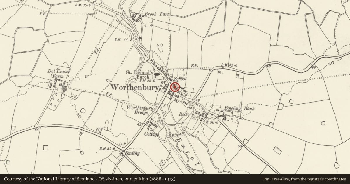 Ordnance Survey six-inch map, 2nd edition (1888–1913) covering the location of Admiralty House, Willington Worthenbury, Wrexham, with a pin at the register's coordinates