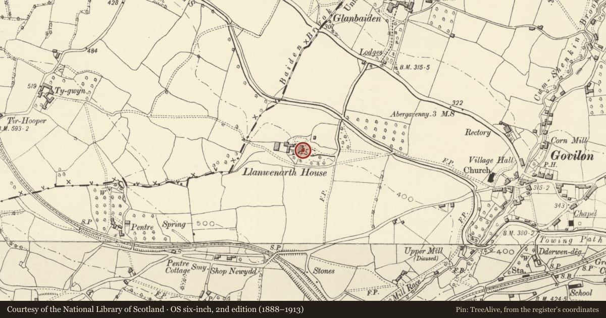 Ordnance Survey six-inch map, 2nd edition (1888–1913) covering the location of Llanwenarth House, Llanfoist Fawr, Monmouthshire, with a pin at the register's coordinates