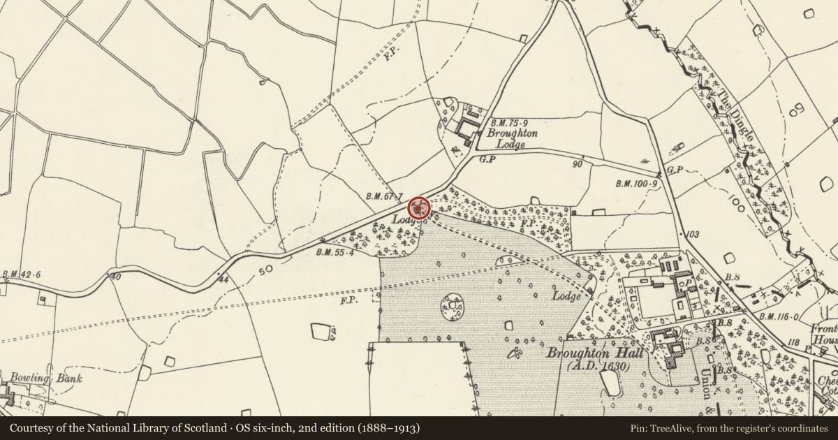 Ordnance Survey six-inch map, 2nd edition (1888–1913) covering the location of Broughton Hall Lodge, Willington Worthenbury, Wrexham, with a pin at the register's coordinates