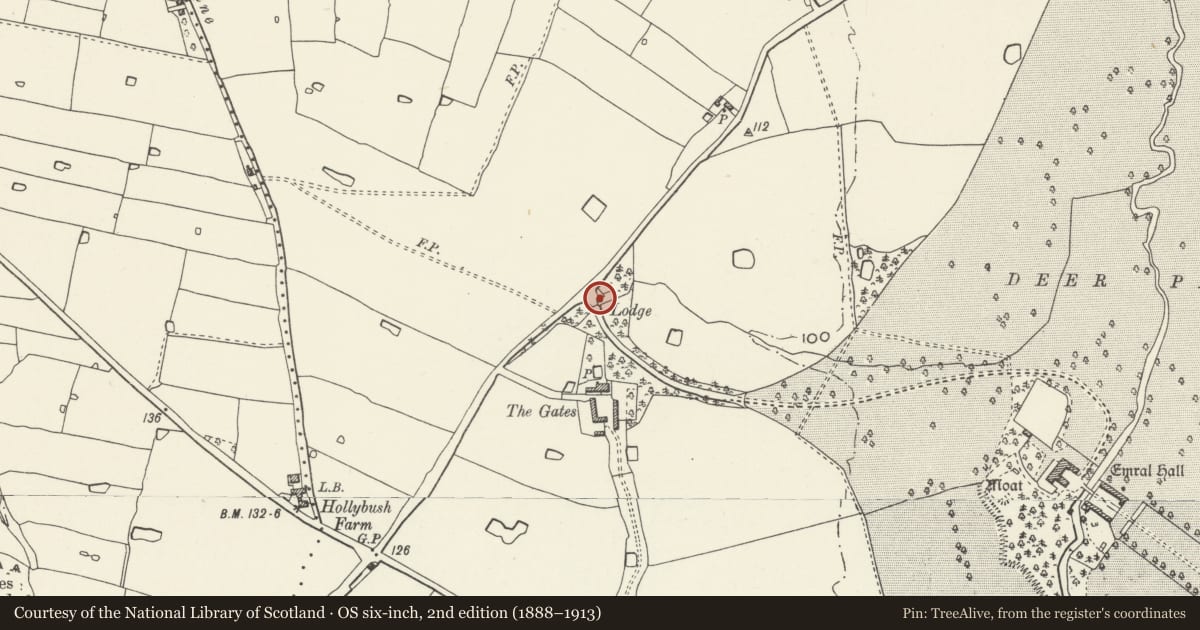 Ordnance Survey six-inch map, 2nd edition (1888–1913) covering the location of Emral Hall Lodge, Willington Worthenbury, Wrexham, with a pin at the register's coordinates