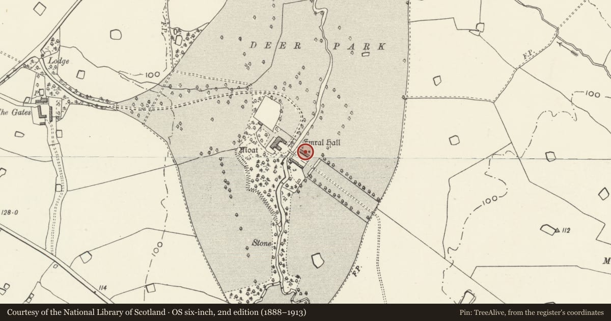 Ordnance Survey six-inch map, 2nd edition (1888–1913) covering the location of North Stable Block at Emral Hall, Willington Worthenbury, Wrexham, with a pin at the register's coordinates