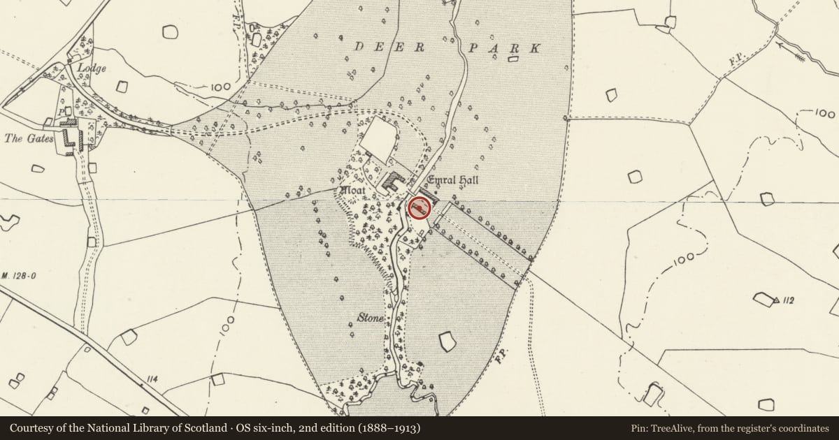 Ordnance Survey six-inch map, 2nd edition (1888–1913) covering the location of South Stable Block at Emral Hall, Willington Worthenbury, Wrexham, with a pin at the register's coordinates