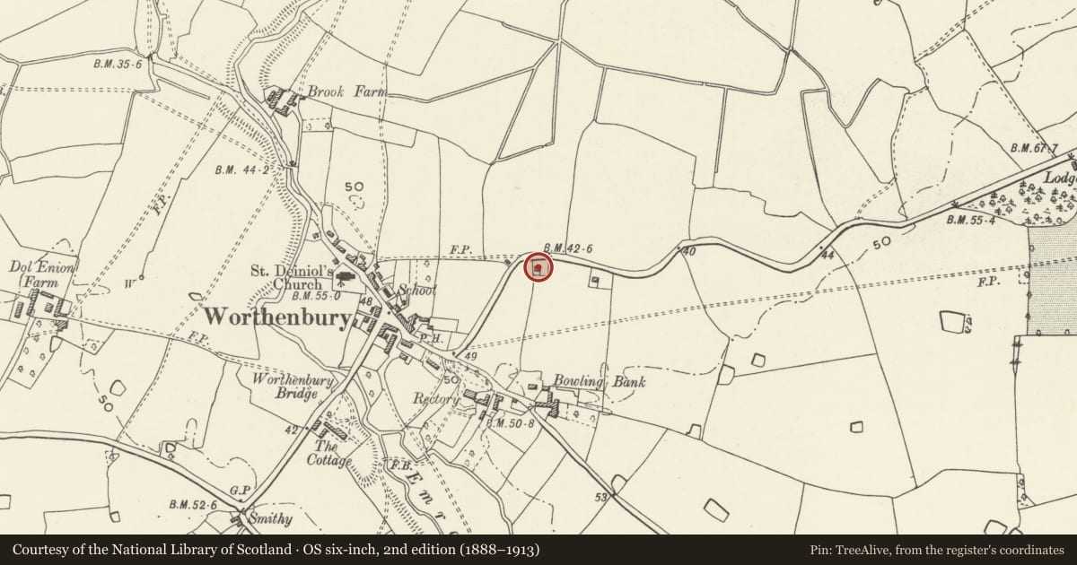 Ordnance Survey six-inch map, 2nd edition (1888–1913) covering the location of Frog Lane Cottage (West), Willington Worthenbury, Wrexham, with a pin at the register's coordinates