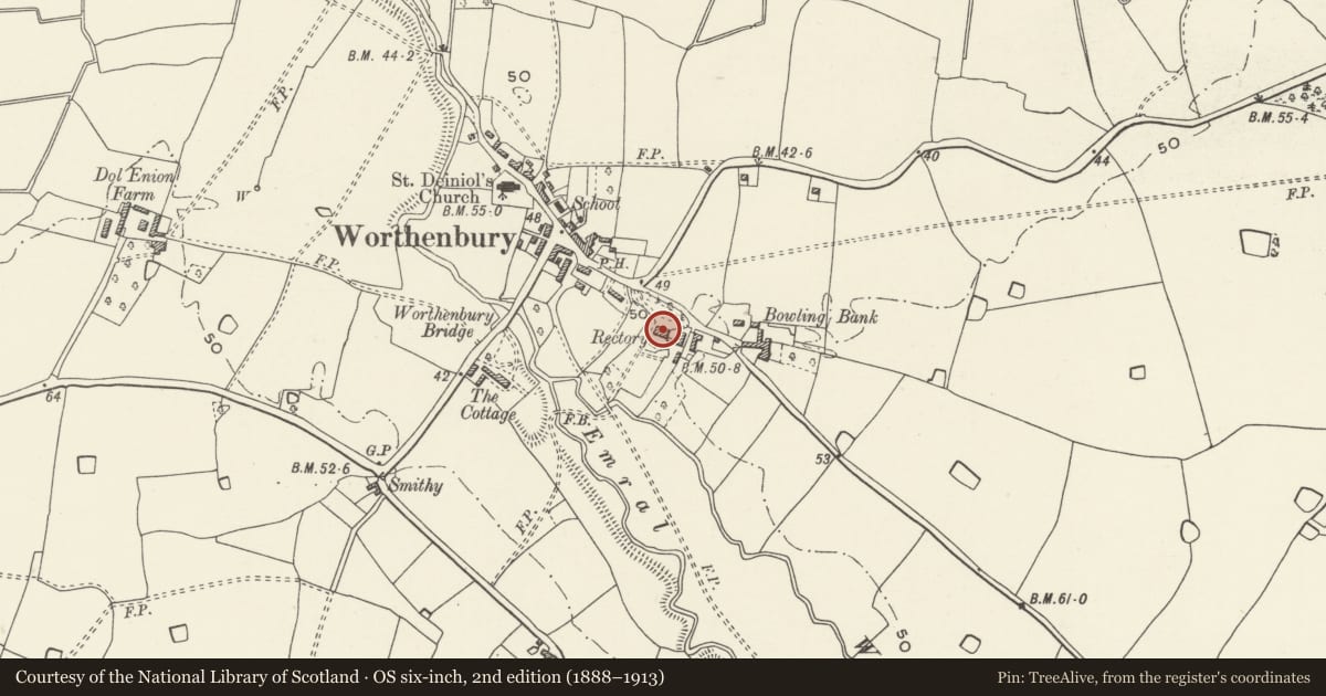 Ordnance Survey six-inch map, 2nd edition (1888–1913) covering the location of The Old Rectory, Willington Worthenbury, Wrexham, with a pin at the register's coordinates