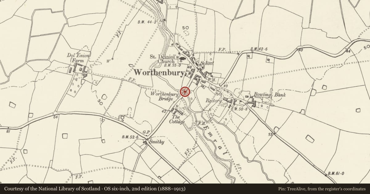 Ordnance Survey six-inch map, 2nd edition (1888–1913) covering the location of Worthenbury Bridge, Willington Worthenbury, Wrexham, with a pin at the register's coordinates