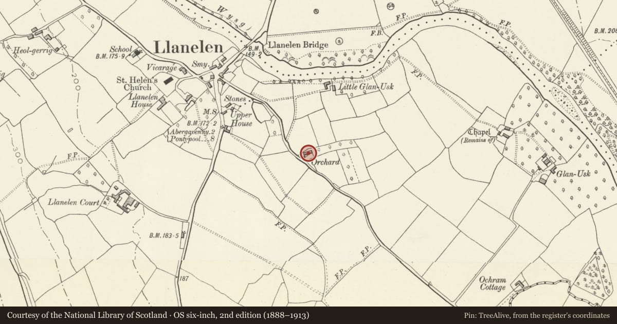 Ordnance Survey six-inch map, 2nd edition (1888–1913) covering the location of Orchard Farmhouse, Llanfoist Fawr, Monmouthshire, with a pin at the register's coordinates