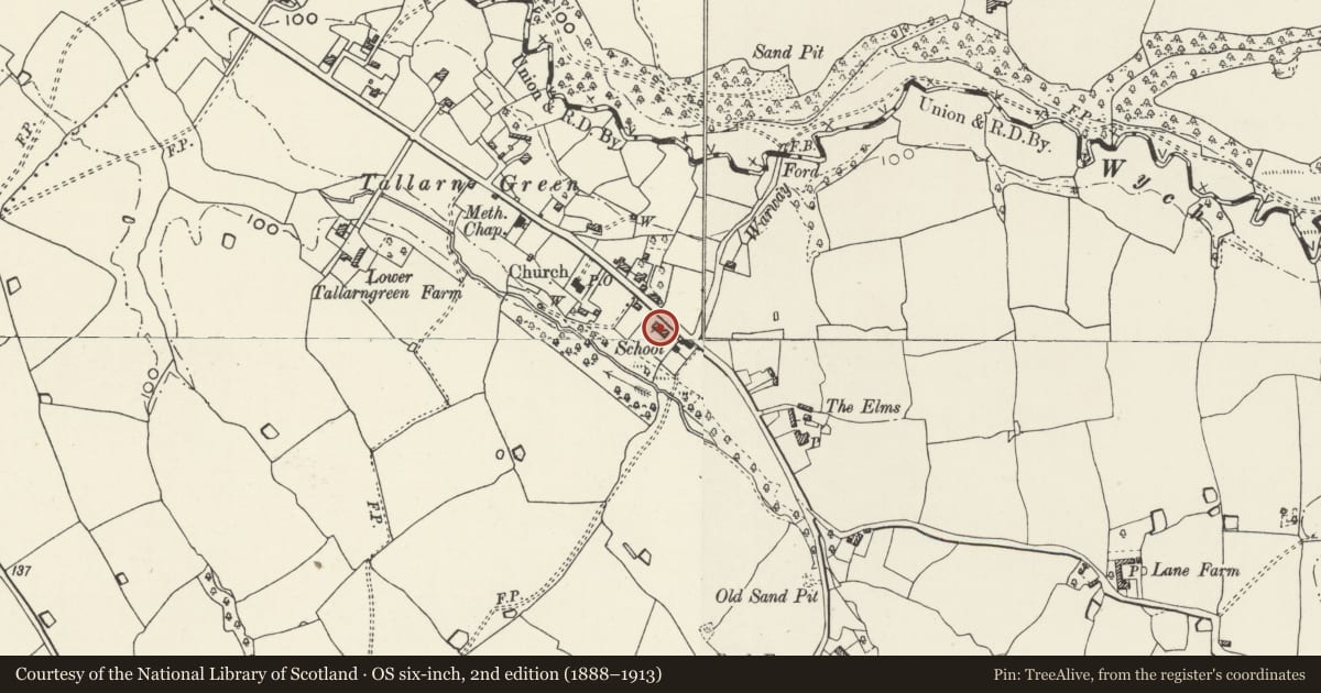Ordnance Survey six-inch map, 2nd edition (1888–1913) covering the location of Kenyon Cottages, Willington Worthenbury, Wrexham, with a pin at the register's coordinates