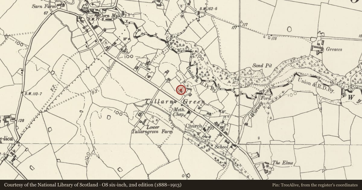 Ordnance Survey six-inch map, 2nd edition (1888–1913) covering the location of Tallarn Green Temperance Room, Willington Worthenbury, Wrexham, with a pin at the register's coordinates