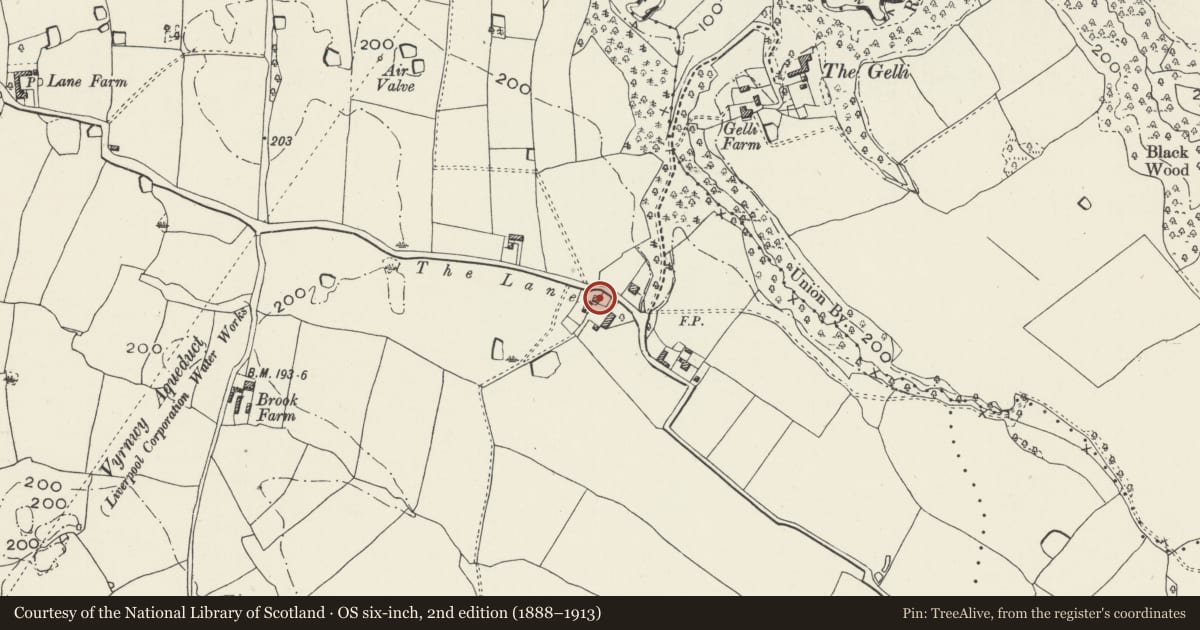 Ordnance Survey six-inch map, 2nd edition (1888–1913) covering the location of Lane Farm Farmhouse, Willington Worthenbury, Wrexham, with a pin at the register's coordinates