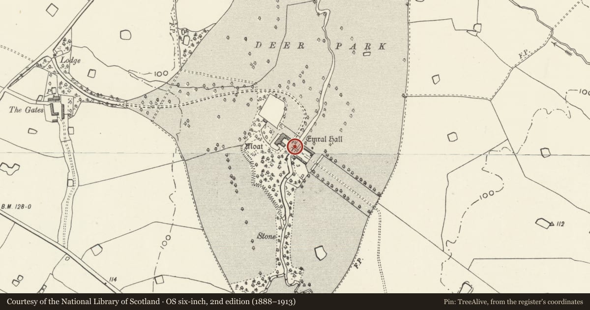 Ordnance Survey six-inch map, 2nd edition (1888–1913) covering the location of Bridge to West of stable courtyard at Emral Hall, Willington Worthenbury, Wrexham, with a pin at the register's coordinates