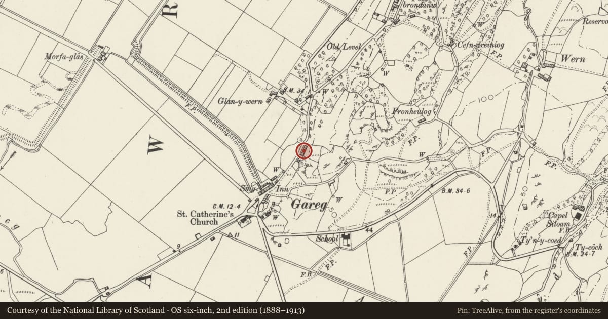 Ordnance Survey six-inch map, 2nd edition (1888–1913) covering the location of 2 Cyffin Terrace, A4085, Llanfrothen, Gwynedd, with a pin at the register's coordinates