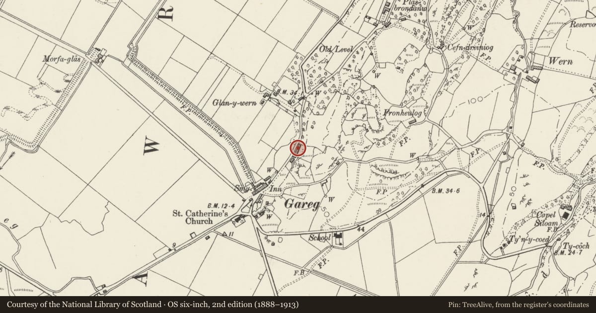Ordnance Survey six-inch map, 2nd edition (1888–1913) covering the location of 4 Cyffin Terrace, A4085, Llanfrothen, Gwynedd, with a pin at the register's coordinates
