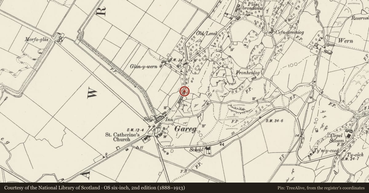 Ordnance Survey six-inch map, 2nd edition (1888–1913) covering the location of No 7 Cyffin Terrace, Llanfrothen, Gwynedd, with a pin at the register's coordinates