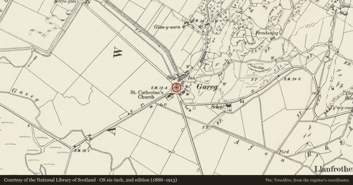 Ordnance Survey six-inch map, 2nd edition (1888–1913) covering the location of War Memorial, Llanfrothen, Gwynedd, with a pin at the register's coordinates