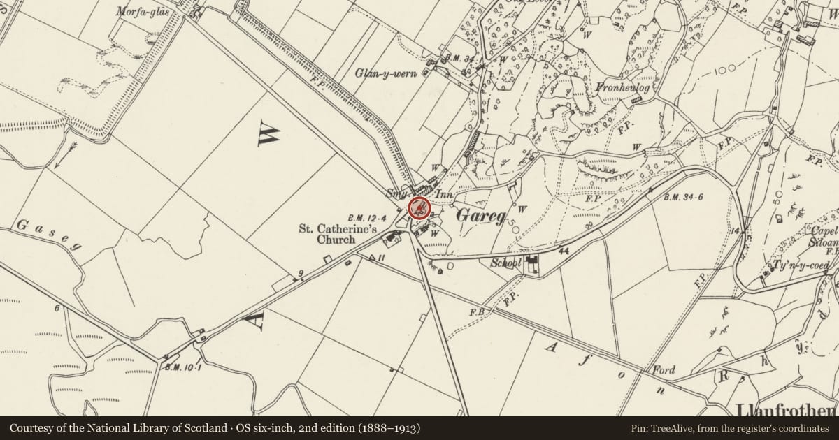 Ordnance Survey six-inch map, 2nd edition (1888–1913) covering the location of Cyffin House, Llanfrothen, Gwynedd, with a pin at the register's coordinates