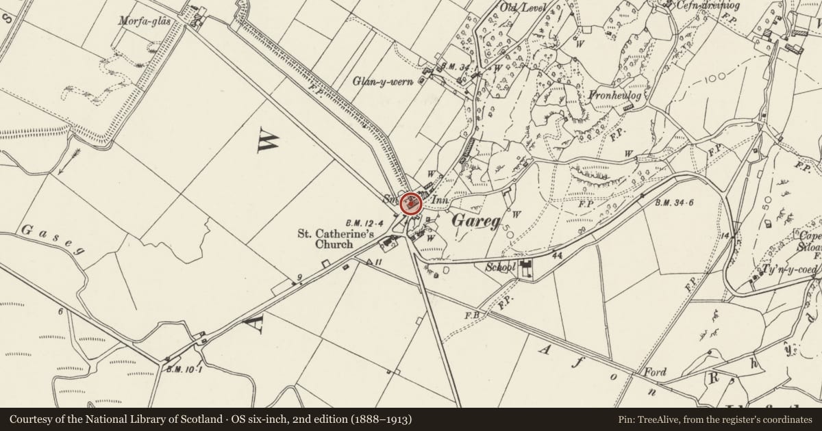 Ordnance Survey six-inch map, 2nd edition (1888–1913) covering the location of The Smithy, Llanfrothen, Gwynedd, with a pin at the register's coordinates