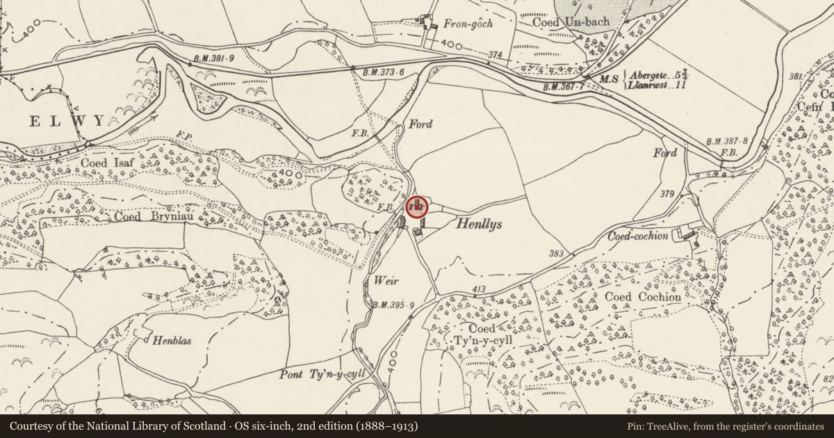 Ordnance Survey six-inch map, 2nd edition (1888–1913) covering the location of Barn at Henllys, Llanfair Talhaiarn, Conwy, with a pin at the register's coordinates