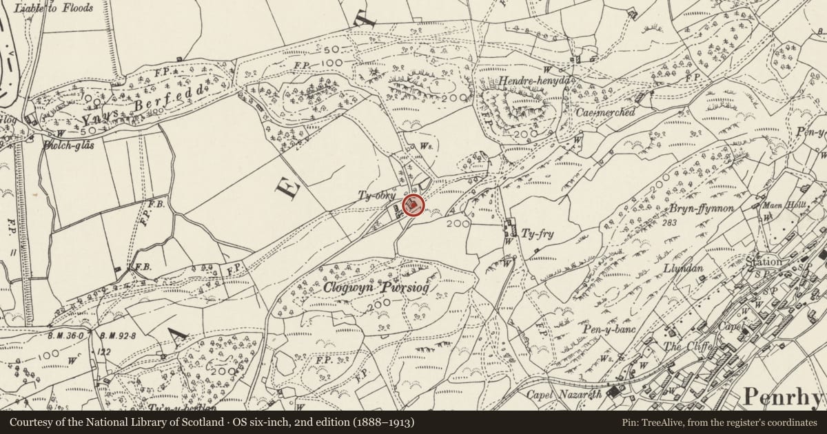 Ordnance Survey six-inch map, 2nd edition (1888–1913) covering the location of Ty Obry Farmhouse, Llanfrothen, Gwynedd, with a pin at the register's coordinates