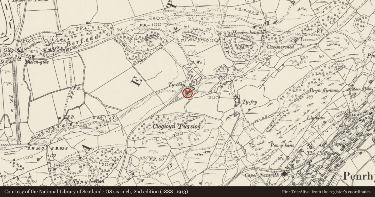 Ordnance Survey six-inch map, 2nd edition (1888–1913) covering the location of T-shaped Agricultural Range at Ty Obry, Llanfrothen, Gwynedd, with a pin at the register's coordinates