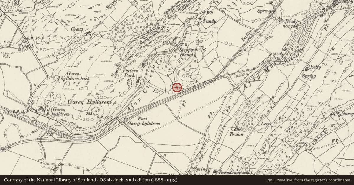 Ordnance Survey six-inch map, 2nd edition (1888–1913) covering the location of Limekiln, Llanfrothen, Gwynedd, with a pin at the register's coordinates