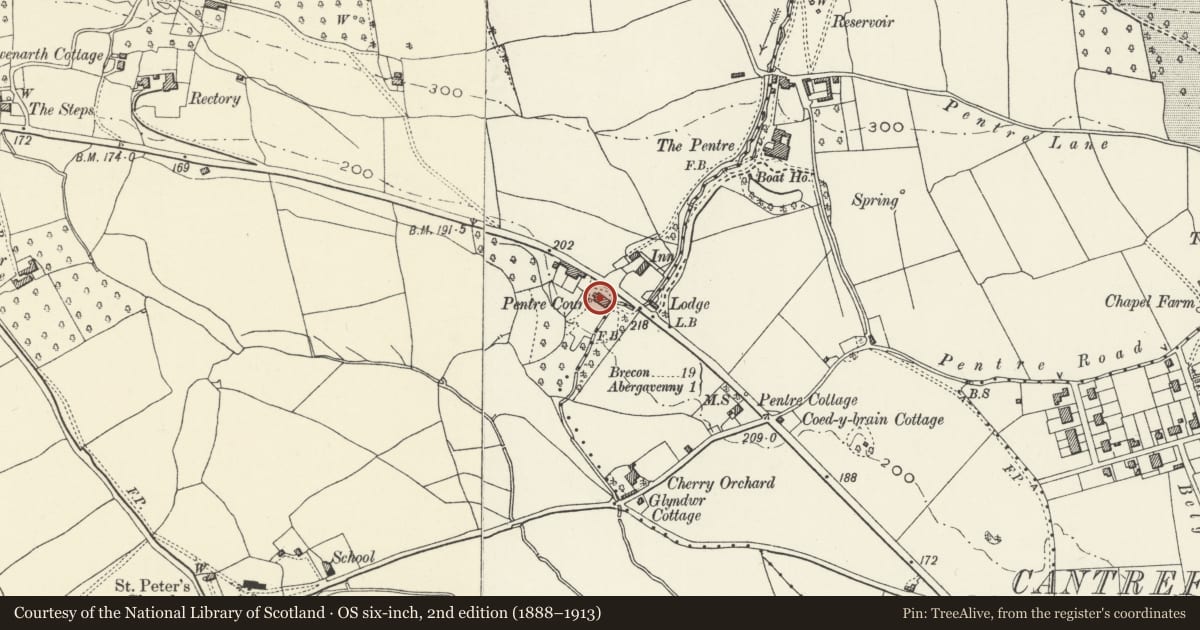 Ordnance Survey six-inch map, 2nd edition (1888–1913) covering the location of Pentre Court, Abergavenny, Monmouthshire, with a pin at the register's coordinates