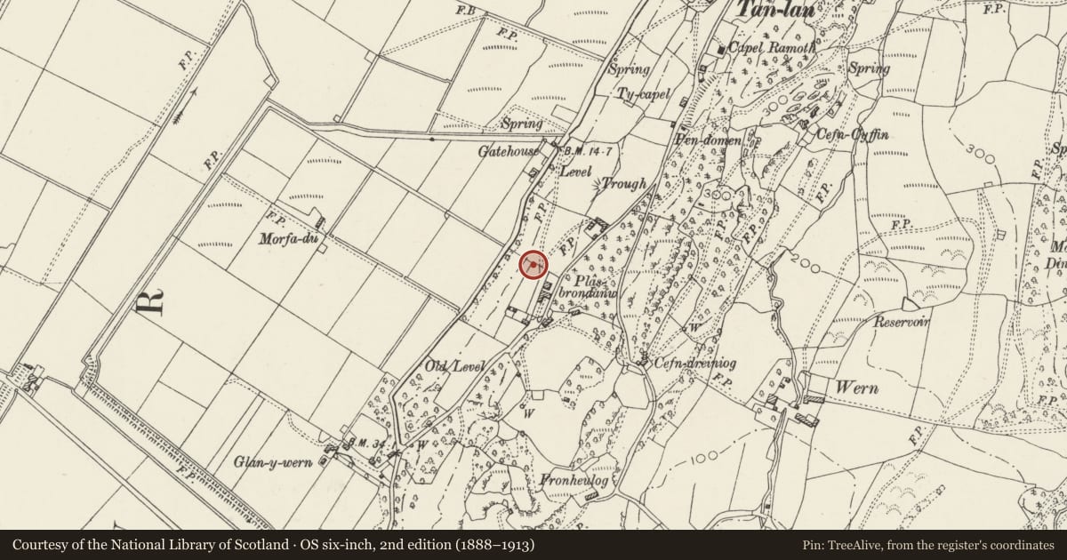 Ordnance Survey six-inch map, 2nd edition (1888–1913) covering the location of Bust of Augustus and Column at Plas Brondanw Gardens, Llanfrothen, Gwynedd, with a pin at the register's coordinates