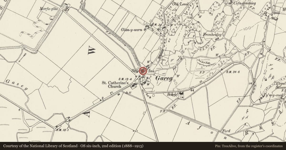 Ordnance Survey six-inch map, 2nd edition (1888–1913) covering the location of 2 Garreg Terrace, A4085, Llanfrothen, Gwynedd, with a pin at the register's coordinates