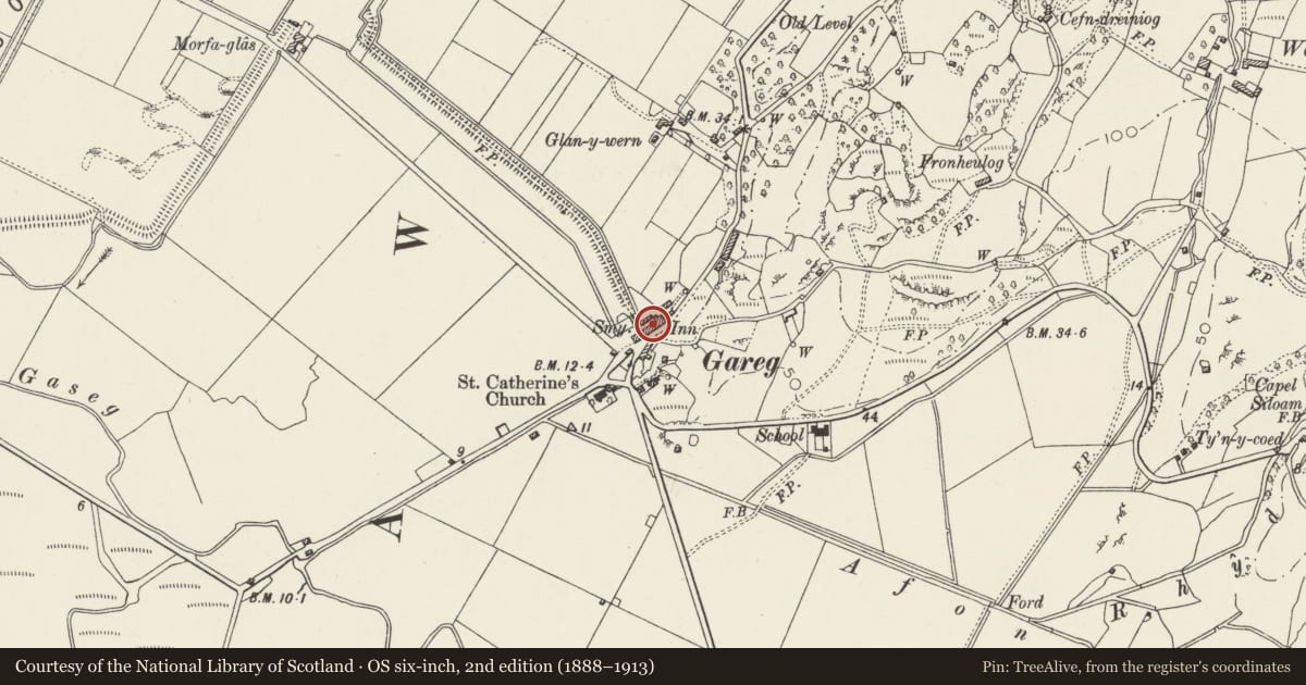 Ordnance Survey six-inch map, 2nd edition (1888–1913) covering the location of 3 Garreg Terraqce, A4085, Llanfrothen, Gwynedd, with a pin at the register's coordinates
