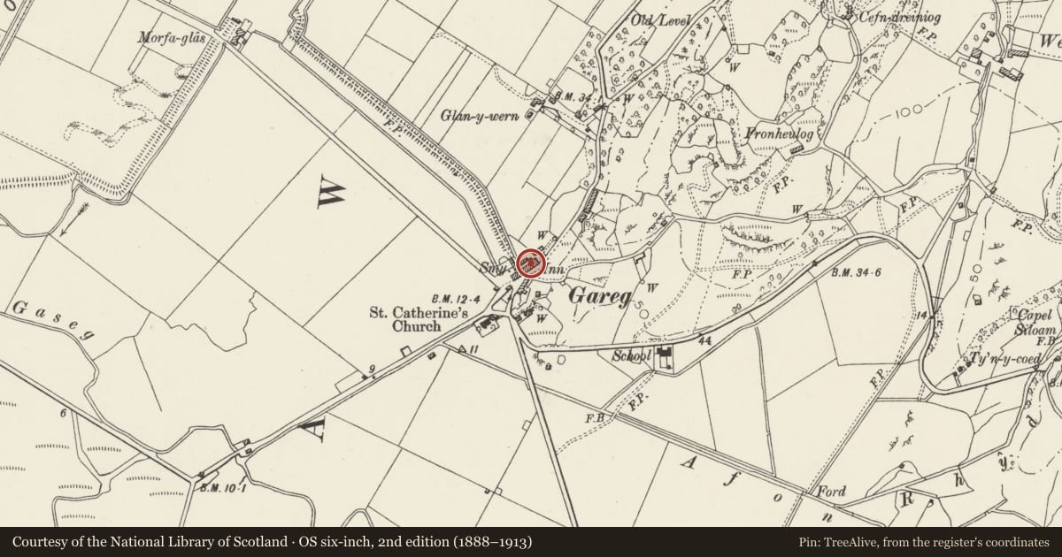 Ordnance Survey six-inch map, 2nd edition (1888–1913) covering the location of 4 Garreg Terrace, A4085, Llanfrothen, Gwynedd, with a pin at the register's coordinates