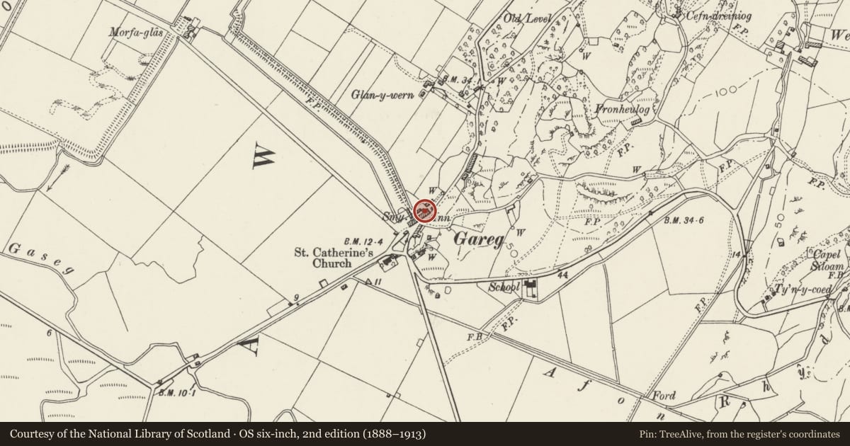 Ordnance Survey six-inch map, 2nd edition (1888–1913) covering the location of 5 Garregt Terrace, A4085, Llanfrothen, Gwynedd, with a pin at the register's coordinates