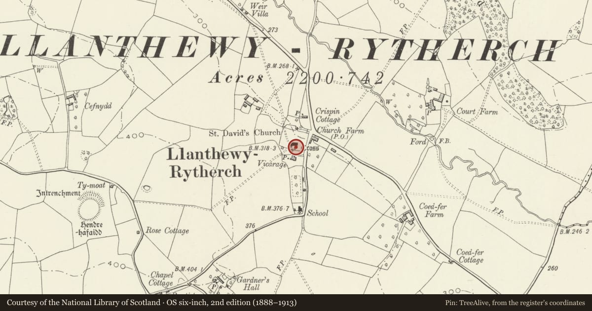 Ordnance Survey six-inch map, 2nd edition (1888–1913) covering the location of Cross in Churchyard of Church of St. David, Gobion Fawr, Monmouthshire, with a pin at the register's coordinates