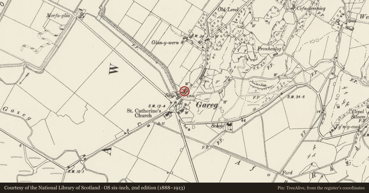 Ordnance Survey six-inch map, 2nd edition (1888–1913) covering the location of Brondanw Arms PH, Llanfrothen, Gwynedd, with a pin at the register's coordinates
