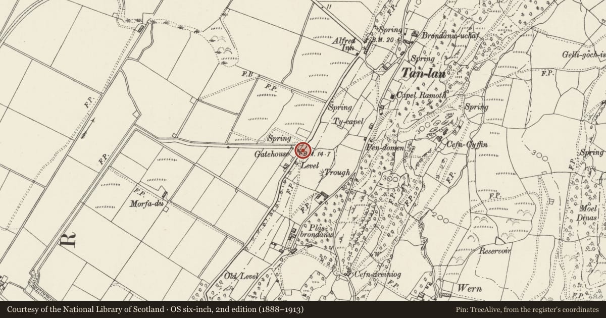 Ordnance Survey six-inch map, 2nd edition (1888–1913) covering the location of Gates and Gatepiers opposite Gattws, Llanfrothen, Gwynedd, with a pin at the register's coordinates