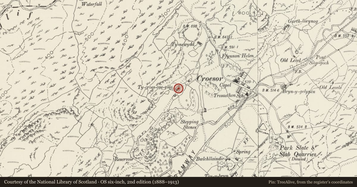 Ordnance Survey six-inch map, 2nd edition (1888–1913) covering the location of Cae Glas, Llanfrothen, Gwynedd, with a pin at the register's coordinates
