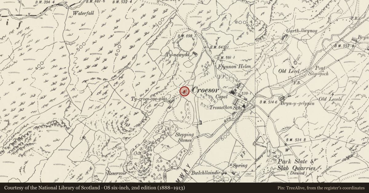 Ordnance Survey six-inch map, 2nd edition (1888–1913) covering the location of Barn 100m NE of Cae Glas, Llanfrothen, Gwynedd, with a pin at the register's coordinates